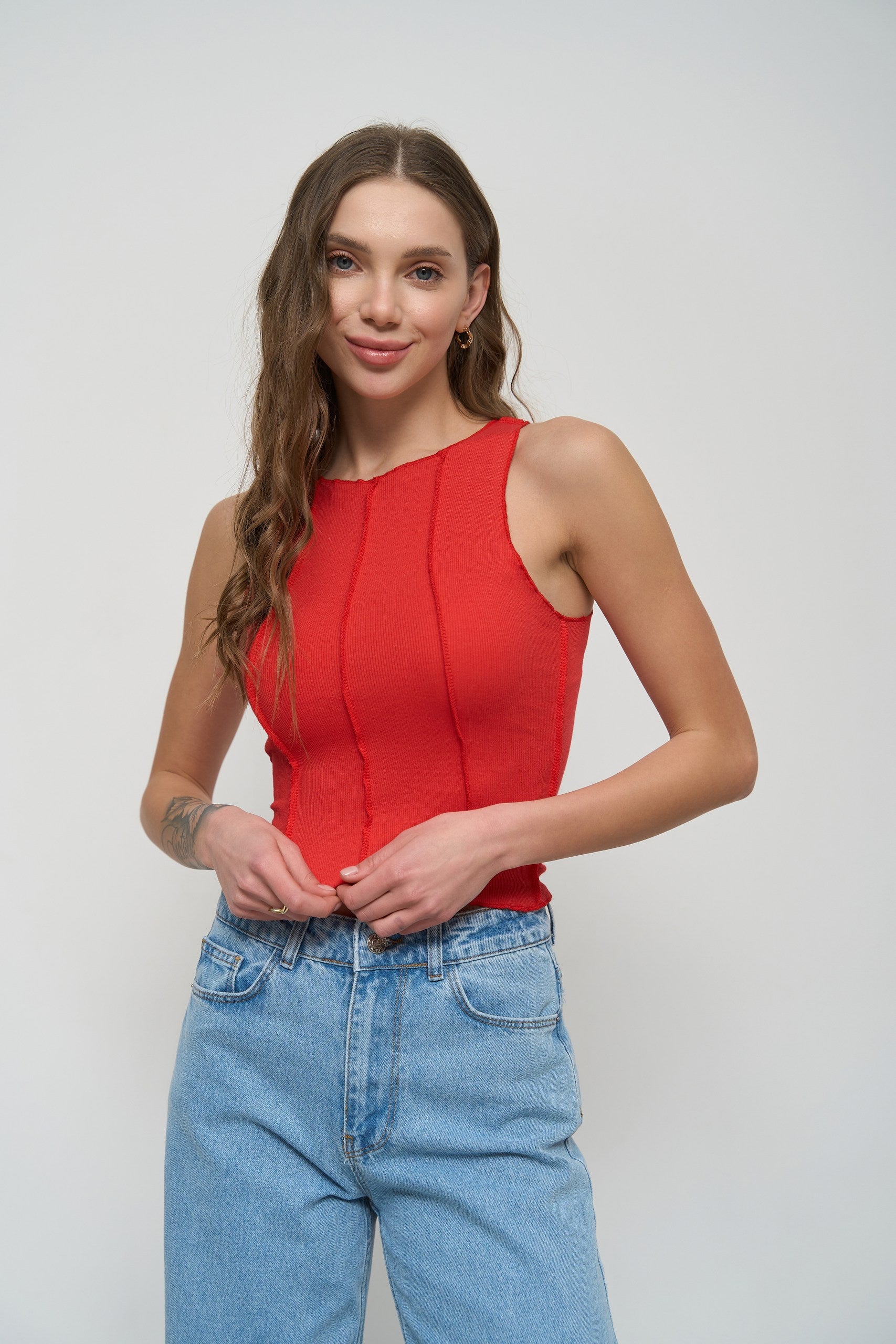 Red Tank Top with Decorative Seams - SOLMAR