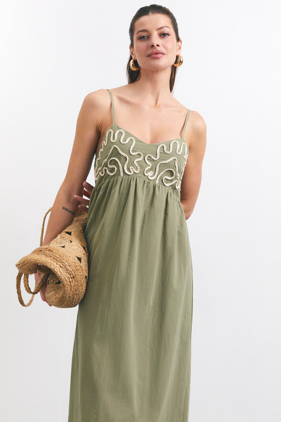 Khaki Decorative Patch Maxi Dress | Women`s Dresses by SOLMAR