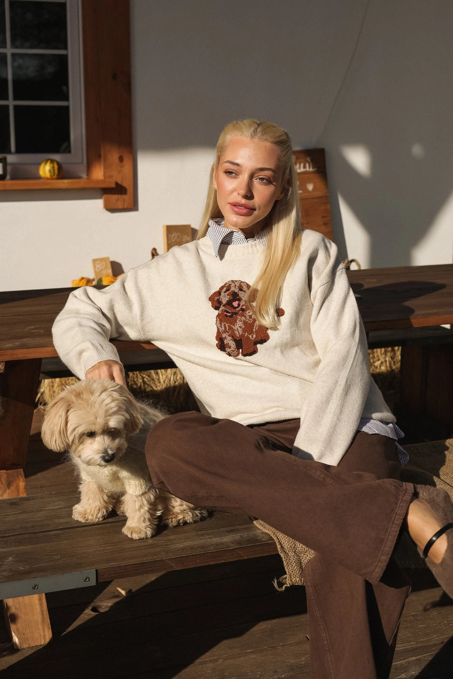 Milk Knitted Sweater with Dog Patch