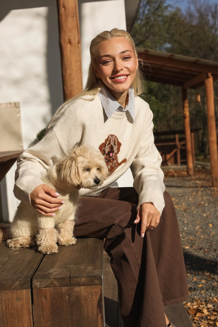 Milk Knitted Sweater with Dog Patch