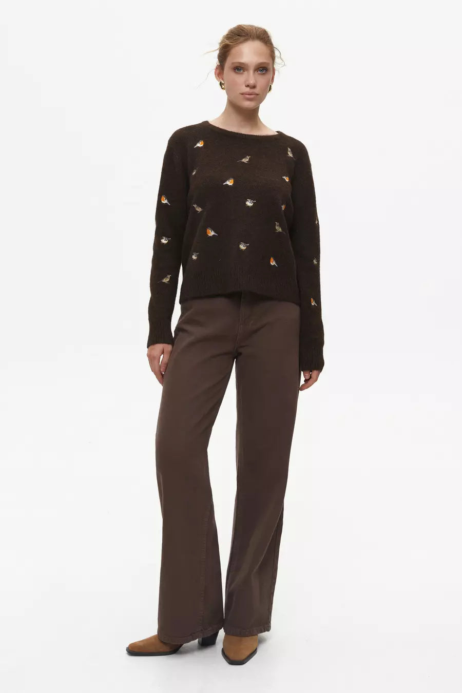 Brown Sweater with Embroidered Birds