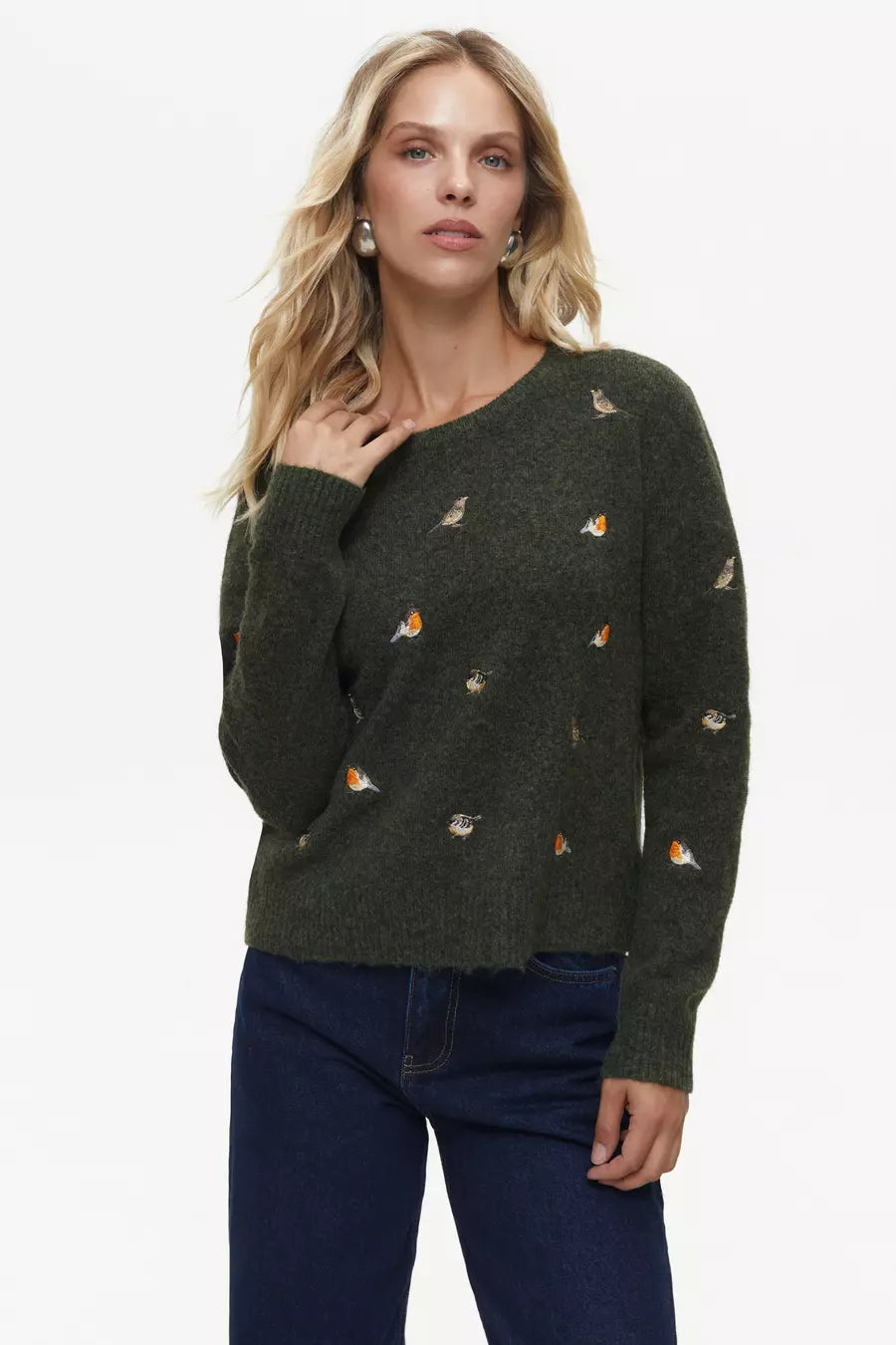 Green Sweater with Embroidered Birds
