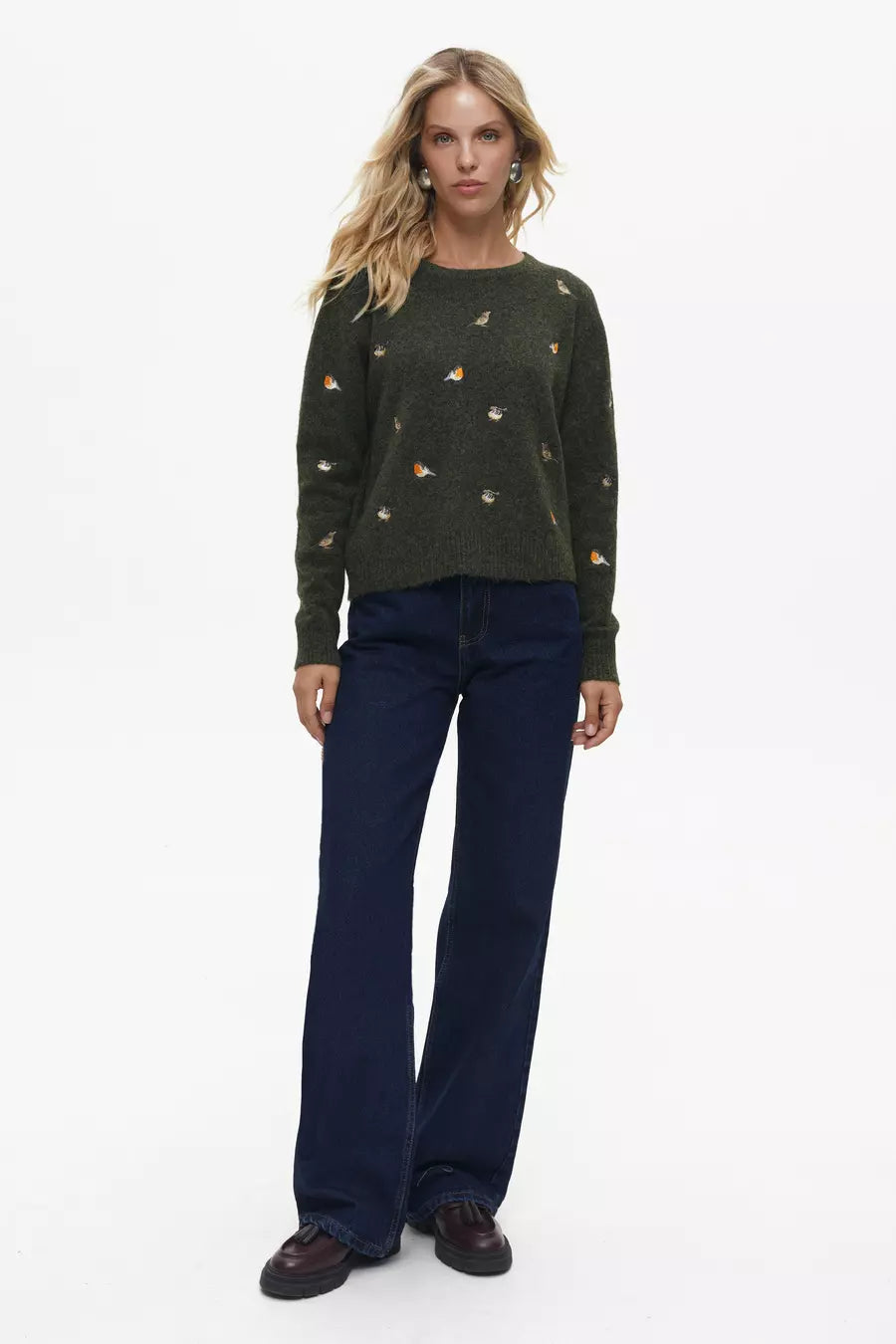 Green Sweater with Embroidered Birds