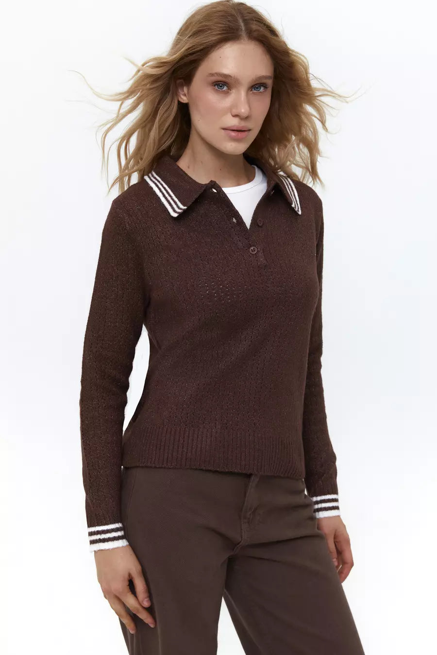 Brown Striped Polo Sweater