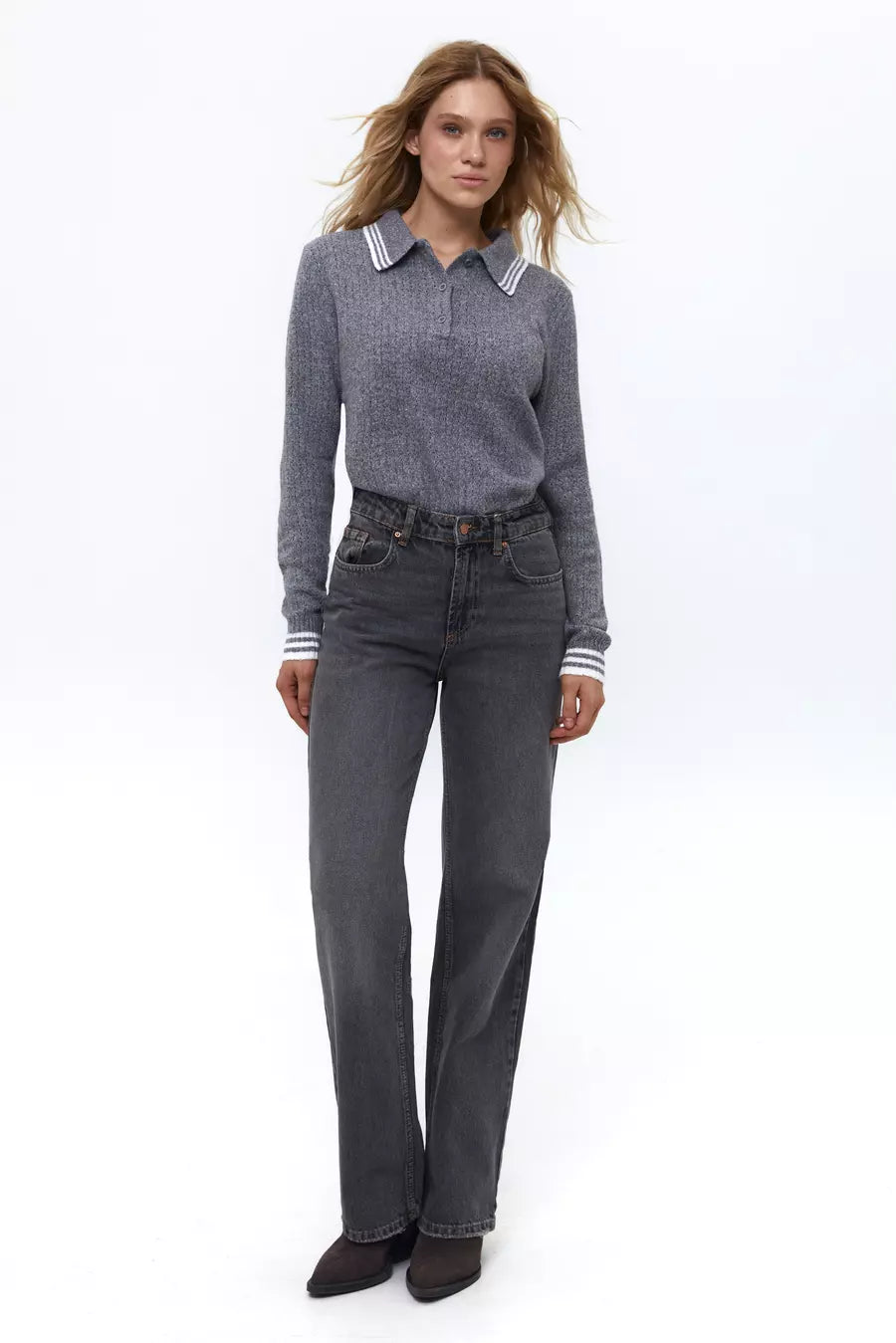 Grey Striped Polo Sweater