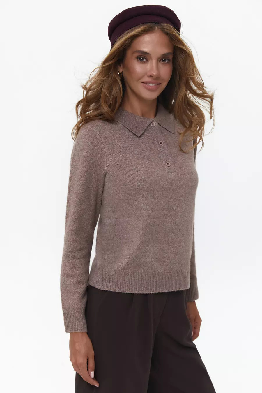 Beige Button-down Polo Sweater