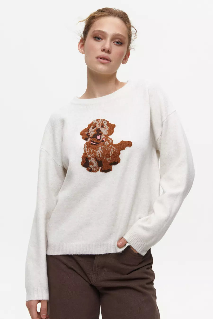 Milk Knitted Sweater with Dog Patch