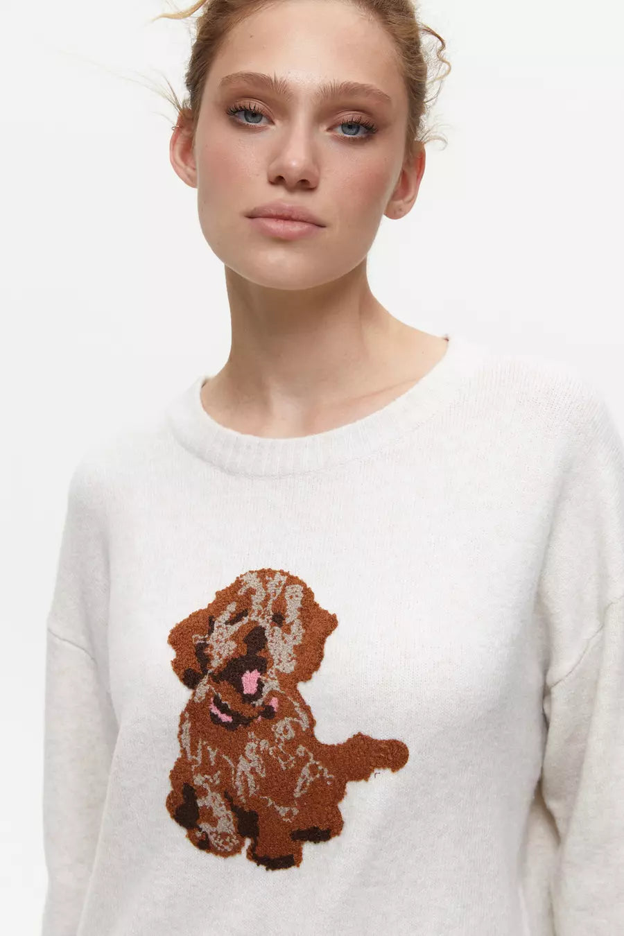 Milk Knitted Sweater with Dog Patch