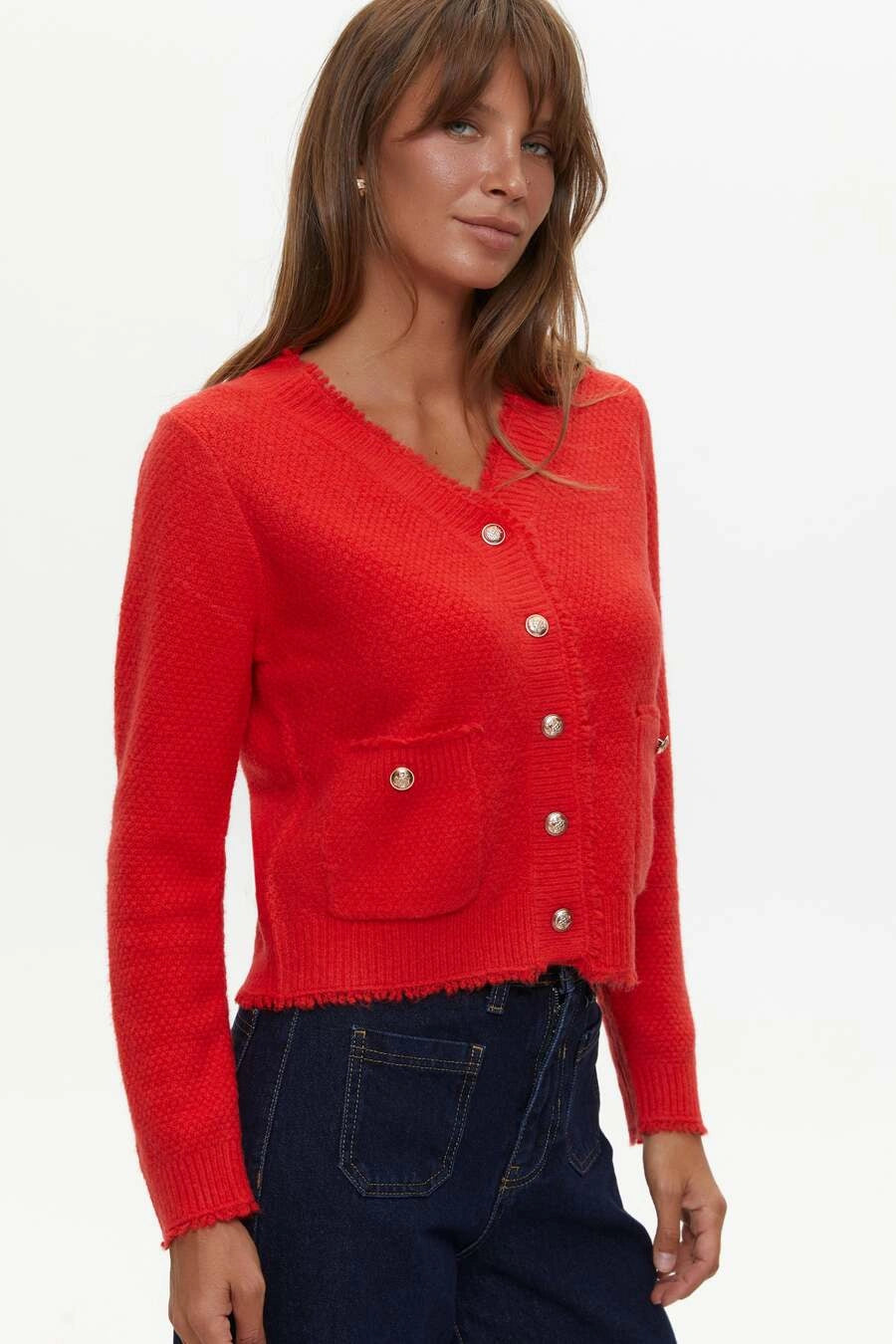 Red Buttoned Knit Cardigan