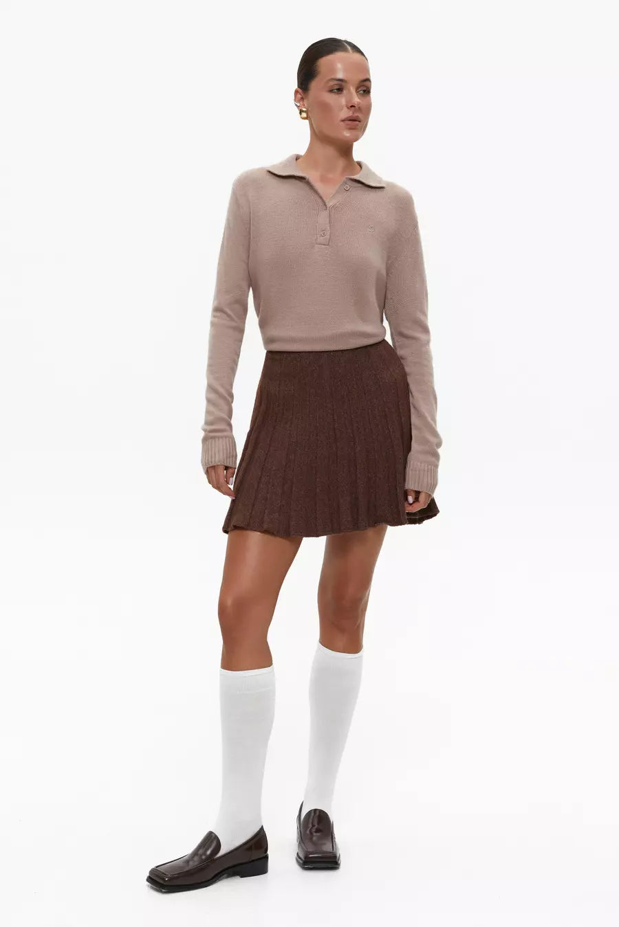 Brown Knit Pleated Skirt