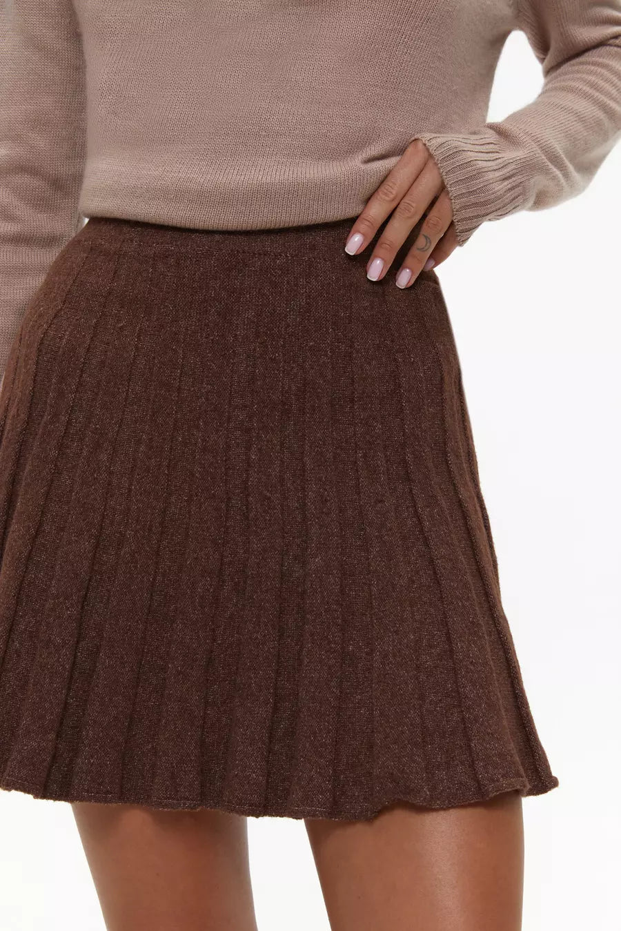 Brown Knit Pleated Skirt