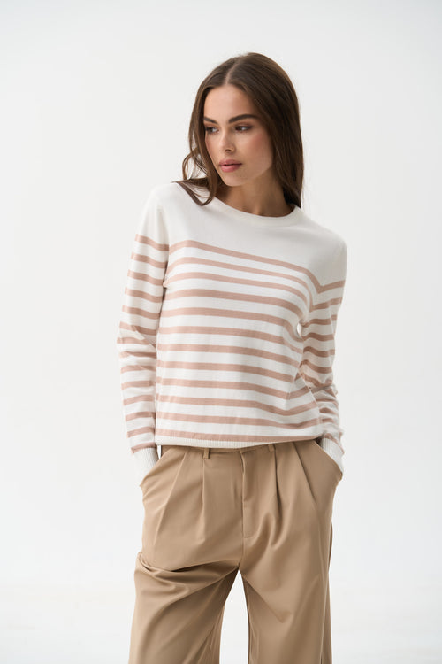 Beige Striped Knit Sweater with a Crew Neck