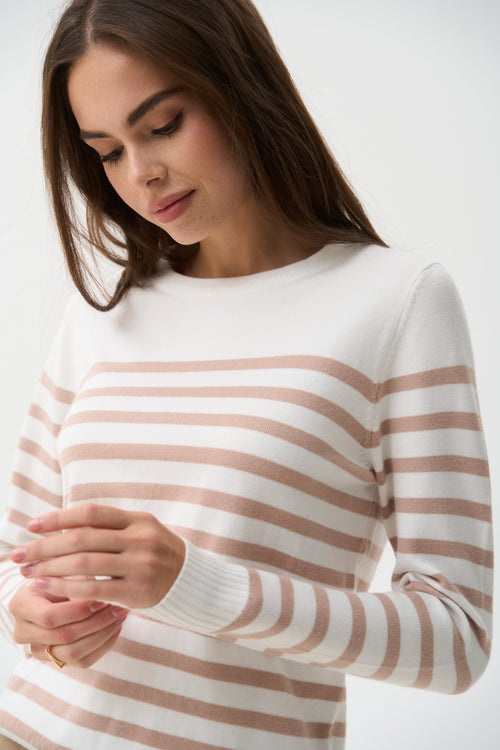 Beige Striped Knit Sweater with a Crew Neck
