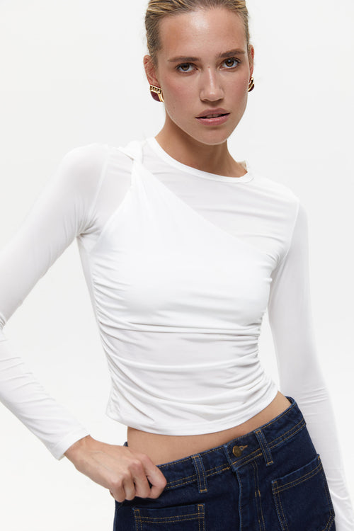 White Draped Long Sleeve Top
