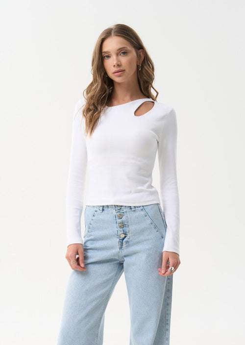 White Long Sleeve Top with Asymmetric Neck - SOLMAR