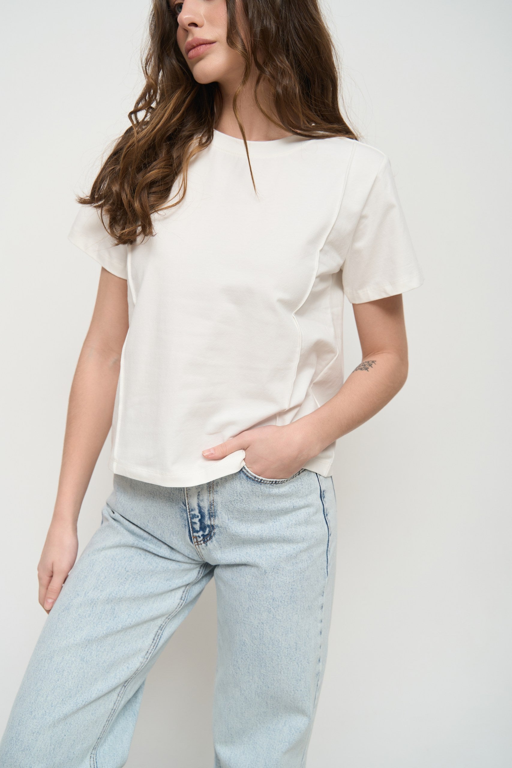 White T-Shirt with Decorative Seams