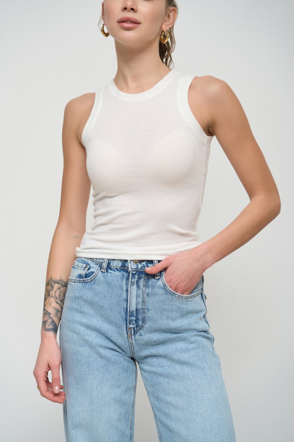 White Fine Ribbed Tank Top - SOLMAR