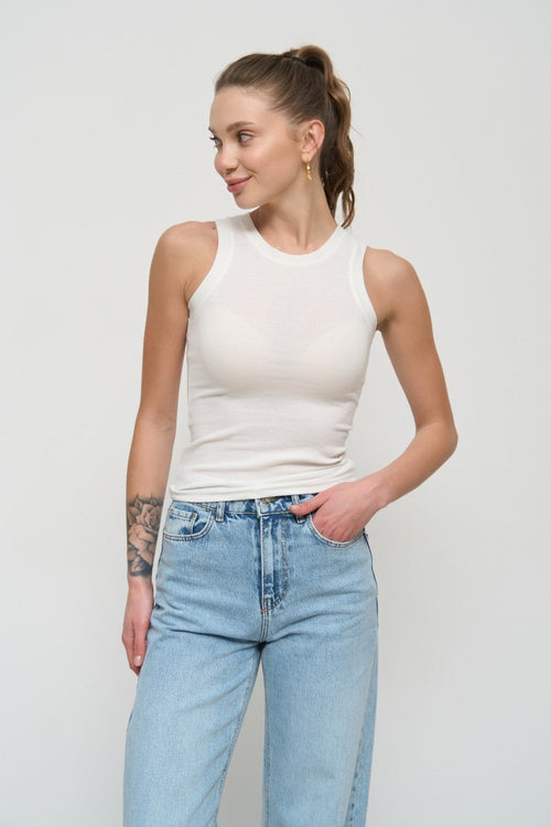 White Fine Ribbed Tank Top - SOLMAR